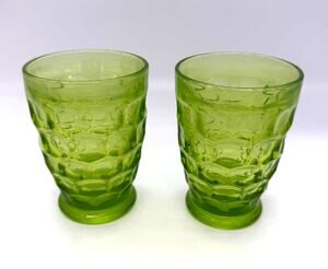 Vintage MCM Federal Glass Co Yorktown Set of 2 Green Thumbprint Juice Glasses